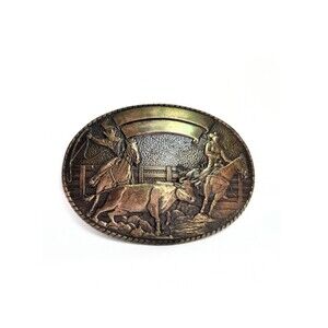 Tony Lama Solid Brass Rodeo Cowboy Cattle Scene Belt Buckle Vintage Oval Western